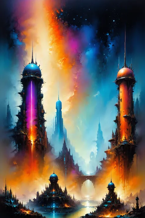 skyline of a dense and sprawling city on a junkworld, cyberpunk, night, neon signs, spotlights, hologram,smoke, neon lights, glowing, ethereal light,starry sky, bustling, cosmic hues, vibrant colors, watercolor style, surreal lighting, futuristic motifs, vivid colors, detailed digital art <lora:EnvyJunkworldXL01:0.8> <lora:Ethereal_Grace:1>, (masterpiece:1.2), best quality, (hyperdetailed, highest detailed:1.2), high resolution textures, <lora:EnvyBetterHiresFixXL01:1>