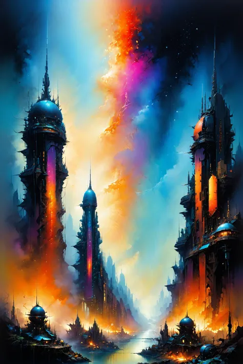 skyline of a dense and sprawling city on a junkworld, cyberpunk, night, neon signs, spotlights, hologram,smoke, neon lights, glowing, ethereal light,starry sky, bustling, cosmic hues, vibrant colors, watercolor style, surreal lighting, futuristic motifs, vivid colors, detailed digital art <lora:EnvyJunkworldXL01:0.8> <lora:Ethereal_Grace:1>, (masterpiece:1.2), best quality, (hyperdetailed, highest detailed:1.2), high resolution textures, <lora:EnvyBetterHiresFixXL01:1>