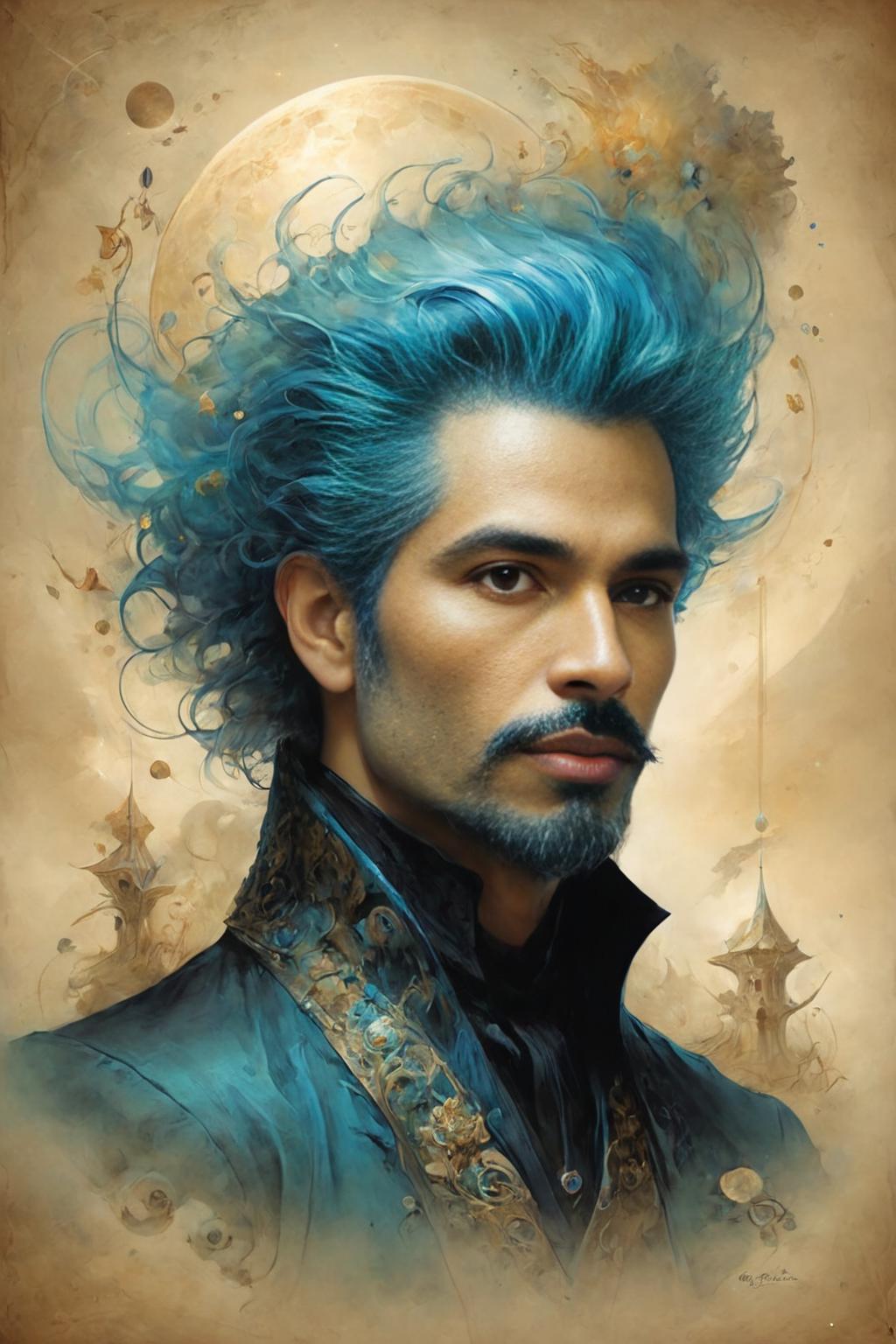 A painting of a man with blue hair and a beard - SeaArt AI