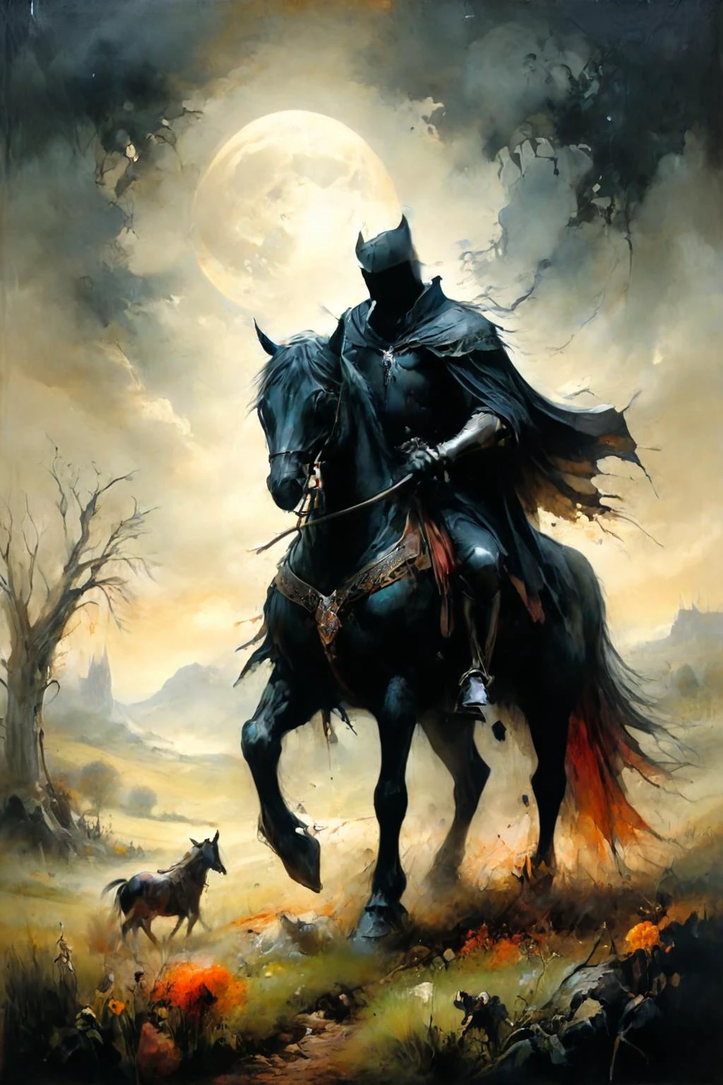 Detailed digital portrait of a <lora:ral-mythcr:0.7> headless horseman at a Tranquil meadow with grazing livestock, <lora:Ethereal_Grace:0.7>, <lora:ParchartXL-1.5:0.7> on parchment, <lora:xl_more_art-full_v1:0.5>