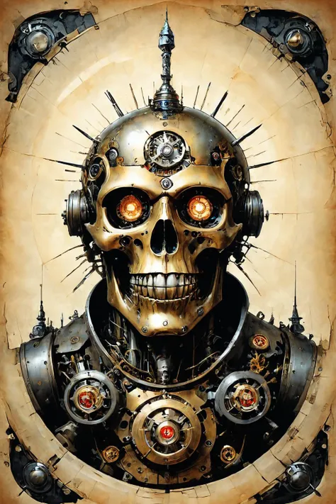 Detailed digital illustration a Clockwork colossus with precise mechanical movements at a Underground bunker surviving nuclear fallout, <lora:Ethereal_Grace:0.7>, <lora:ParchartXL-1.5:0.7> on parchment, ink illustration, <lora:just_another_Cyborg_LoRa_SDXL:0.7> cyborg