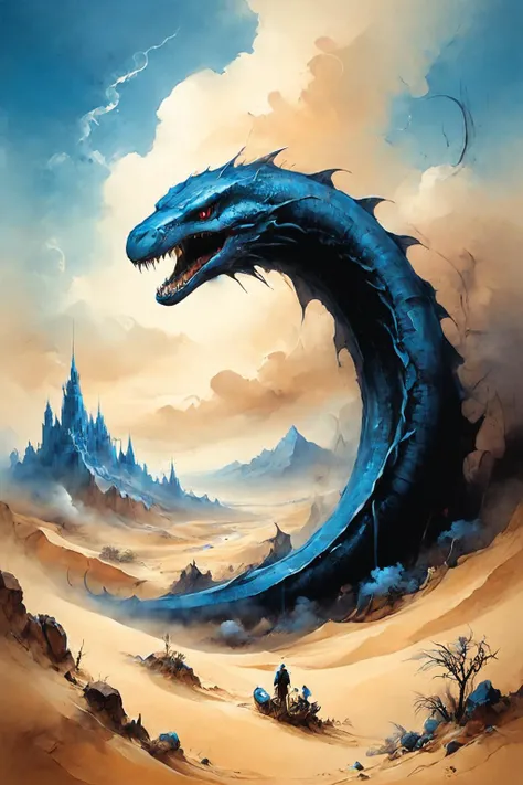 RAW photo of a Giant sandworm burrowing beneath desert dunes at a Floating city above azure clouds, <lora:Ethereal_Grace:0.7>, <lora:ParchartXL-1.5:0.7> on parchment, ink illustration