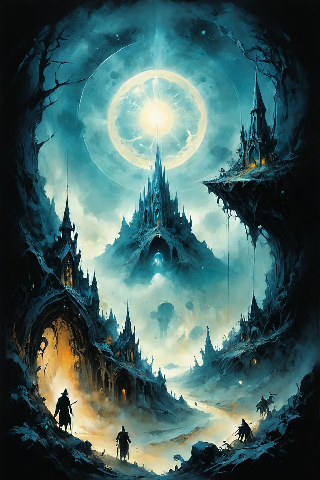 Detailed digital illustration a Ethereal apparitions summoned by ancient spells at a Hollow asteroid colony housing hidden society, <lora:Ethereal_Grace:0.7>, <lora:ParchartXL-1.5:0.7> on parchment, ink illustration