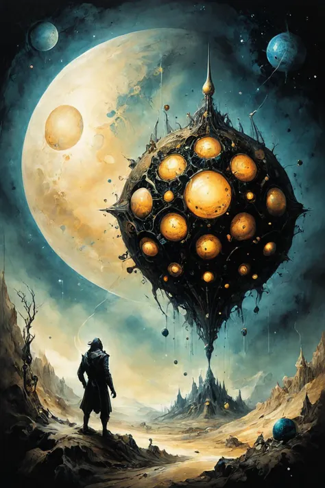 Detailed digital illustration a Time-manipulating beings with temporal distortions at a Exoplanet society governed by hive mind, <lora:Ethereal_Grace:0.7>, <lora:ParchartXL-1.5:0.7> on parchment, ink illustration