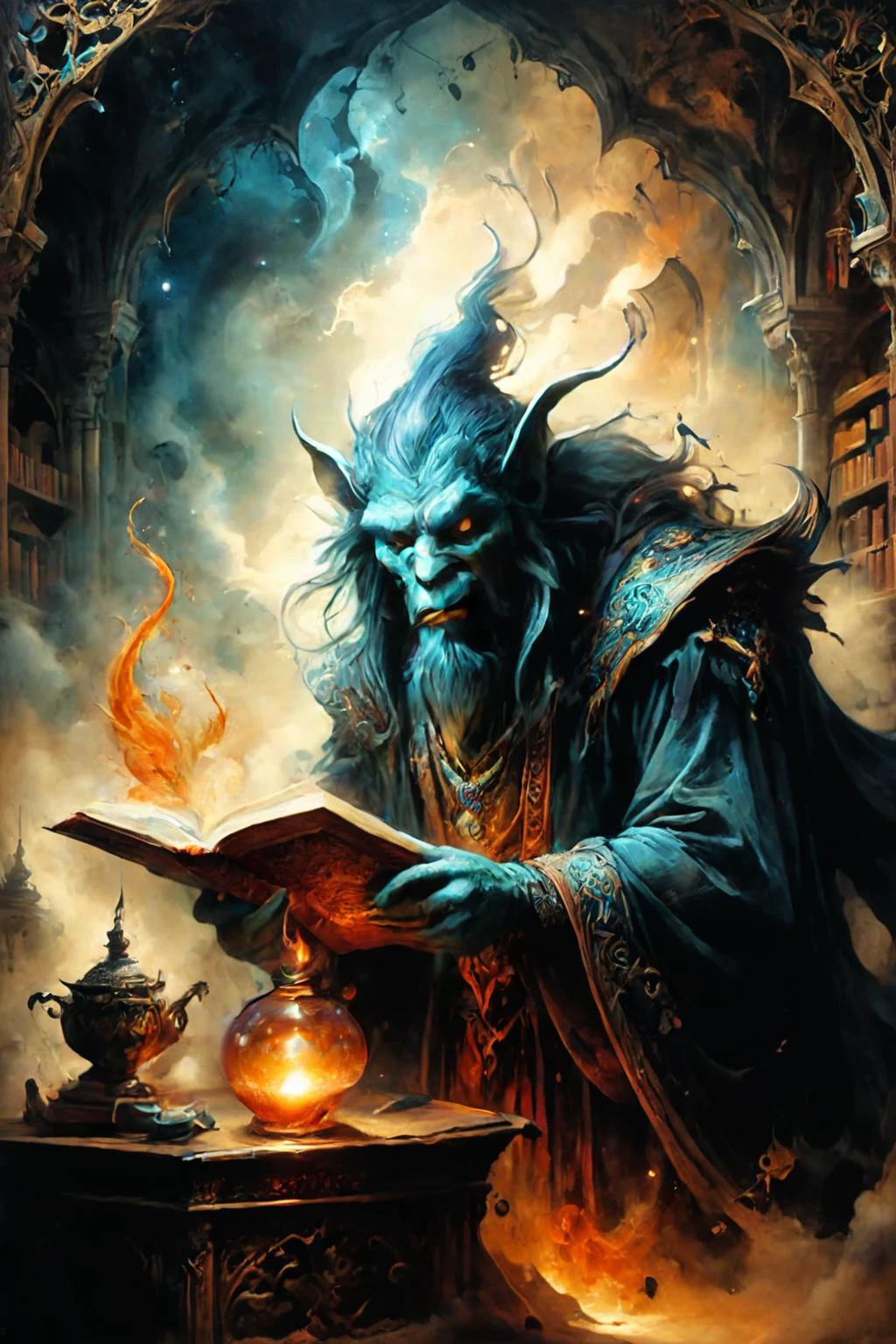 Detailed digital illustration a<lora:ral-mythcr:0.7> djinn at a Timeless library in astral dimensions, <lora:Ethereal_Grace:0.7>, <lora:ParchartXL-1.5:0.7> on parchment, ink illustration, <lora:compb0t:0.7> comprobo
