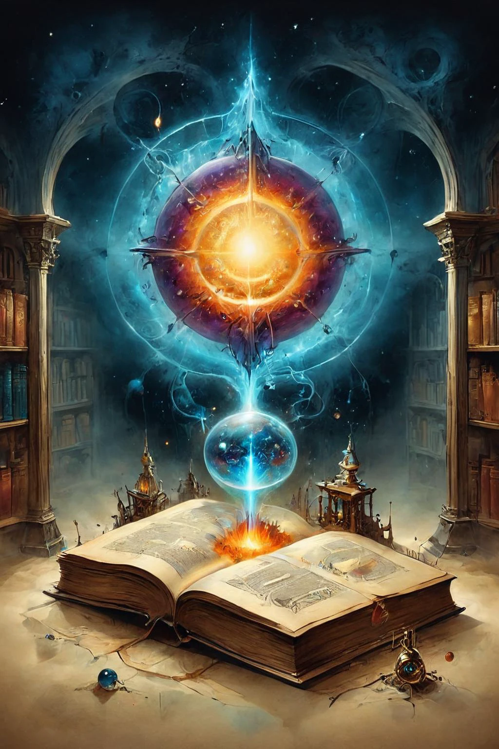 Detailed digital illustration a Quantum anomalies taking elusive and shifting forms at a Cosmic library housing forbidden knowledge, <lora:Ethereal_Grace:0.7>, <lora:ParchartXL-1.5:0.7> on parchment, ink illustration, <lora:TeslaPunkAIv2:0.7> 3d1s0npunkai