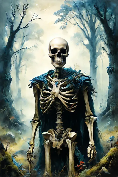 Detailed digital portrait of a <lora:RPGSkeletonXL:0.7> skeleton at a Forest clearing with ancient standing stones, <lora:Ethereal_Grace:0.7>, <lora:ParchartXL-1.5:0.7> on parchment, <lora:xl_more_art-full_v1:0.5>, <lora:ral-blueresin:0.7> ral-blueresin
