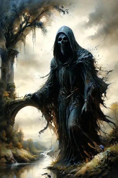 Detailed digital portrait of a <lora:ral-mythcr:0.7> dementor at a Bridge over peaceful countryside river, <lora:Ethereal_Grace:0.7>, <lora:ParchartXL-1.5:0.7> on parchment, <lora:xl_more_art-full_v1:0.5>, <lora:ral-dissolve-sdxl:0.7> ral-dissolve