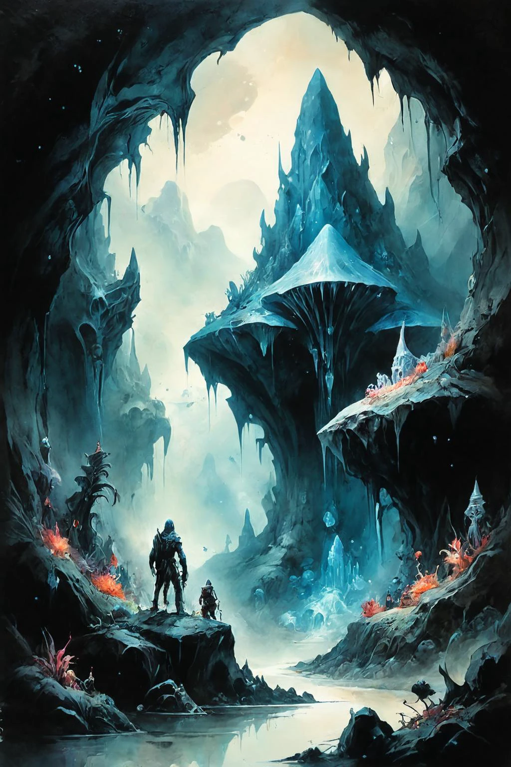 RAW photo of a custom/characters/mixed at a Crystal caves in alien underworld, <lora:Ethereal_Grace:0.7>, <lora:ParchartXL-1.5:0.7> on parchment, ink illustration