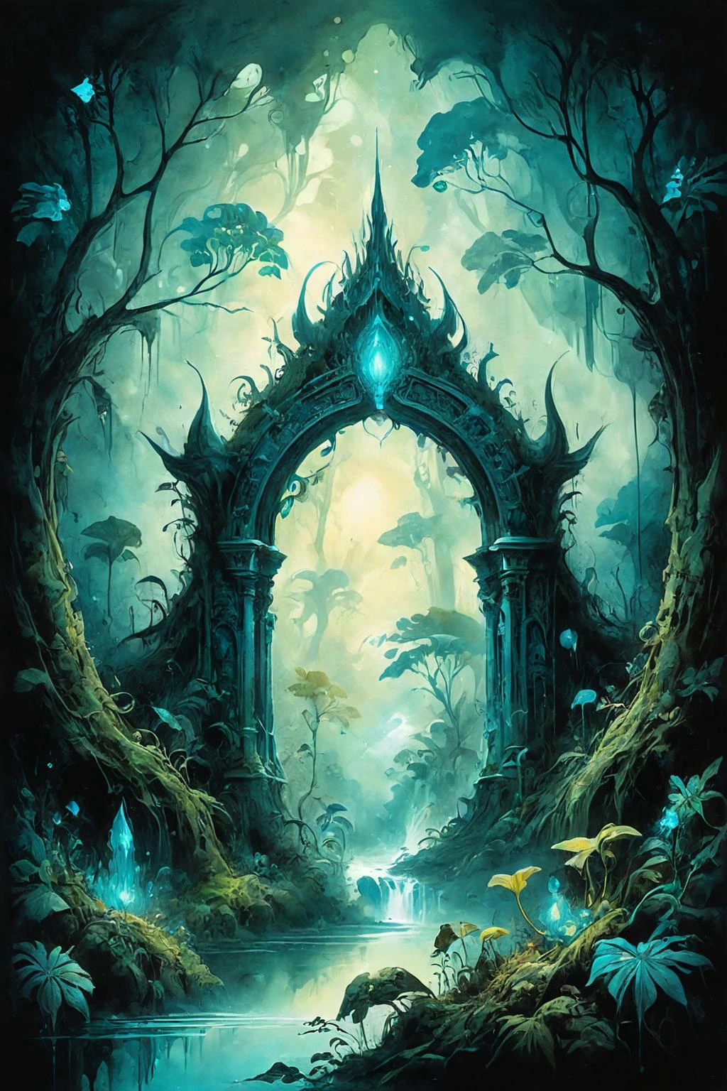 Detailed digital illustration a Bioluminescent entities emitting mesmerizing patterns at a Interdimensional gateway in hidden jungle, <lora:Ethereal_Grace:0.7>, <lora:ParchartXL-1.5:0.7> on parchment, ink illustration