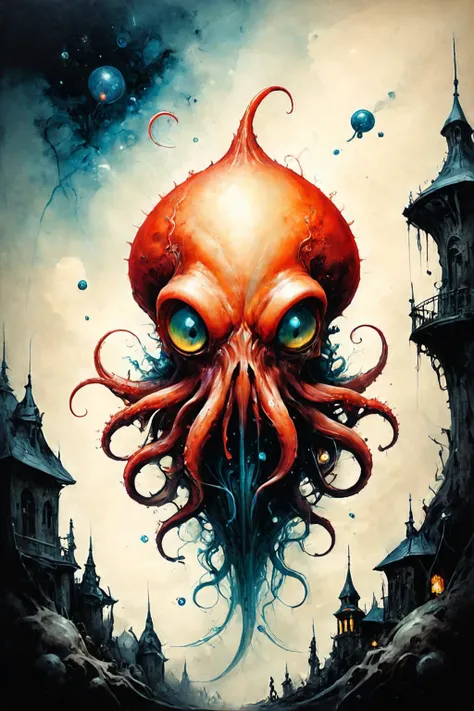 RAW photo of a Tentacled horror from deep space at a Nano-swarm-infested urban sprawl, <lora:Ethereal_Grace:0.7>, <lora:ParchartXL-1.5:0.7> on parchment, ink illustration