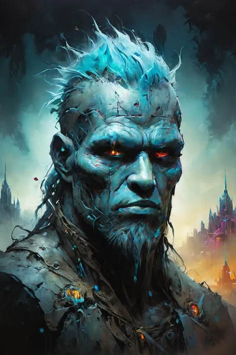 Detailed digital portrait of a <lora:RPGStoneGiantXL:0.7> stone giant at a Cyberpunk city with neon skyline, <lora:Ethereal_Grace:0.7>, <lora:ParchartXL-1.5:0.7> on parchment