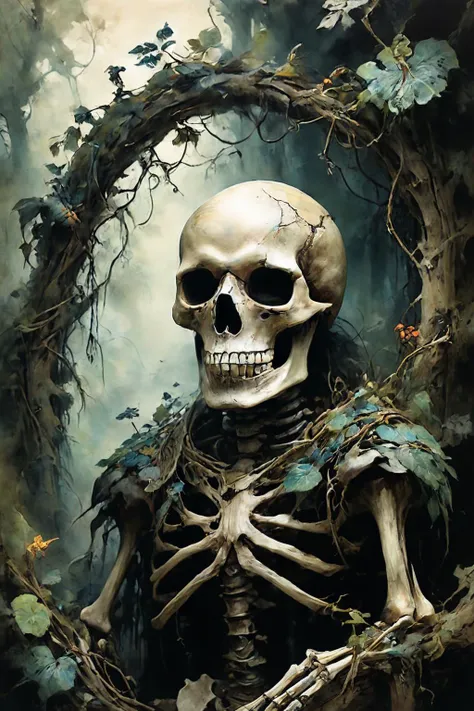 Detailed digital portrait of a <lora:RPGSkeletonXL:0.7> skeleton at a Tangled vine-covered ruins in jungle, <lora:Ethereal_Grace:0.7>, <lora:ParchartXL-1.5:0.7> on parchment