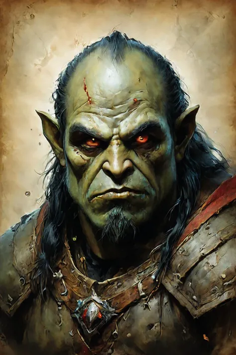 Detailed digital portrait of a <lora:RPGOrcXL:0.7> orc at a Quantum rifts connect alternate dimensions, <lora:Ethereal_Grace:0.7>, <lora:ParchartXL-1.5:0.7> on parchment