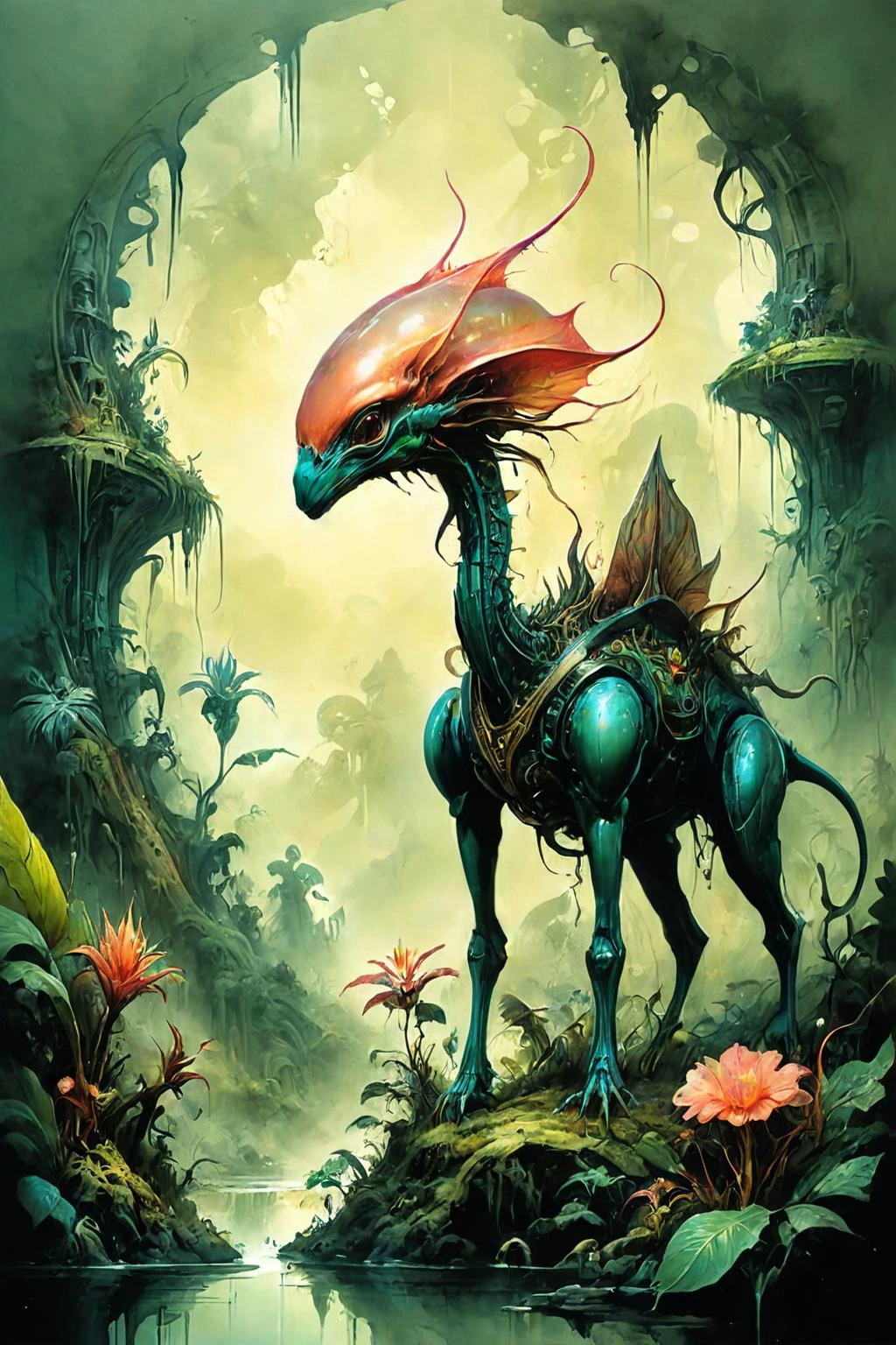 Detailed digital illustration a Bioengineered chimeras roaming alien landscapes at a Jungle planet with levitating flora, <lora:Ethereal_Grace:0.7>, <lora:ParchartXL-1.5:0.7> on parchment, ink illustration, <lora:just_another_Cyborg_LoRa_SDXL:0.7> cyborg