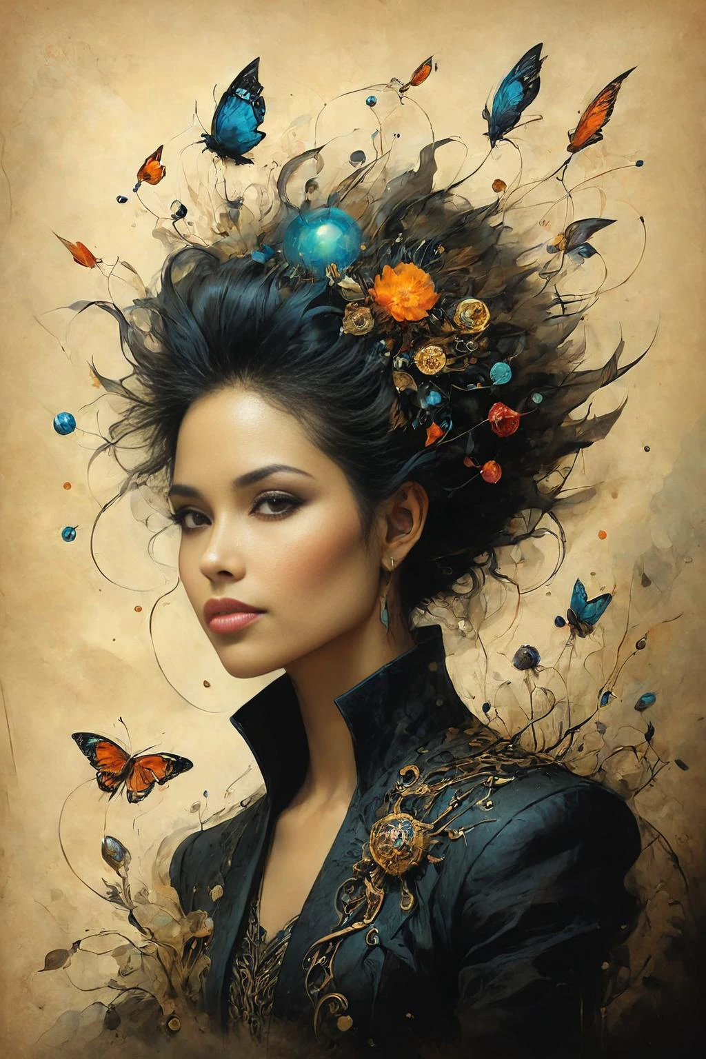 Detailed digital illustration of a custom/characters/mixed at a Quantum swarm connecting individuals' thoughts, <lora:Ethereal_Grace:0.7>, <lora:ParchartXL-1.5:0.7> on parchment