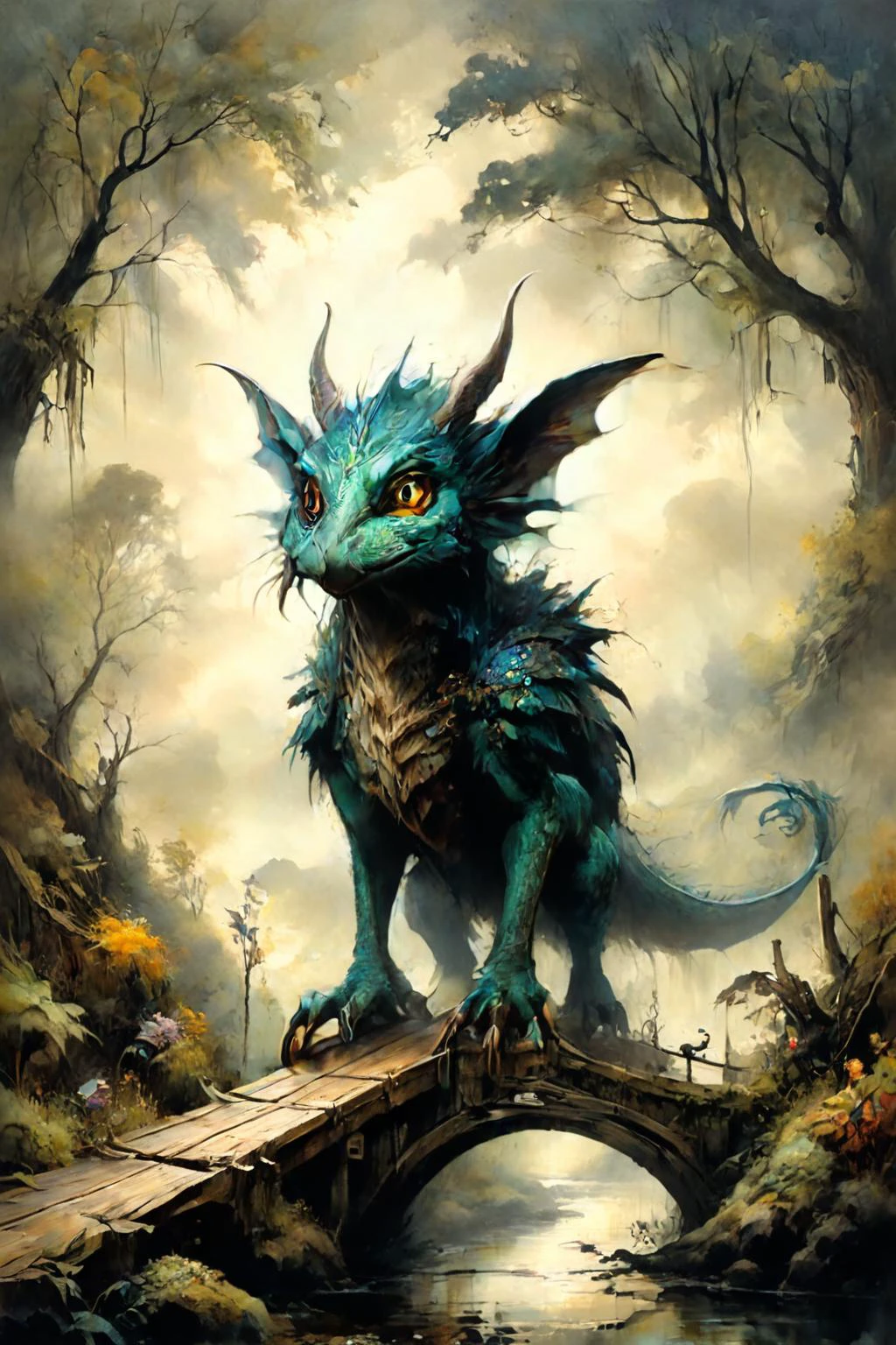 Detailed digital portrait of a <lora:ral-mythcr:0.7> jabberwock at a Wooden bridge over peaceful stream, <lora:Ethereal_Grace:0.7>, <lora:ParchartXL-1.5:0.7> on parchment, <lora:xl_more_art-full_v1:0.5>, <lora:IPXL_v8:0.7> inkpunk style
