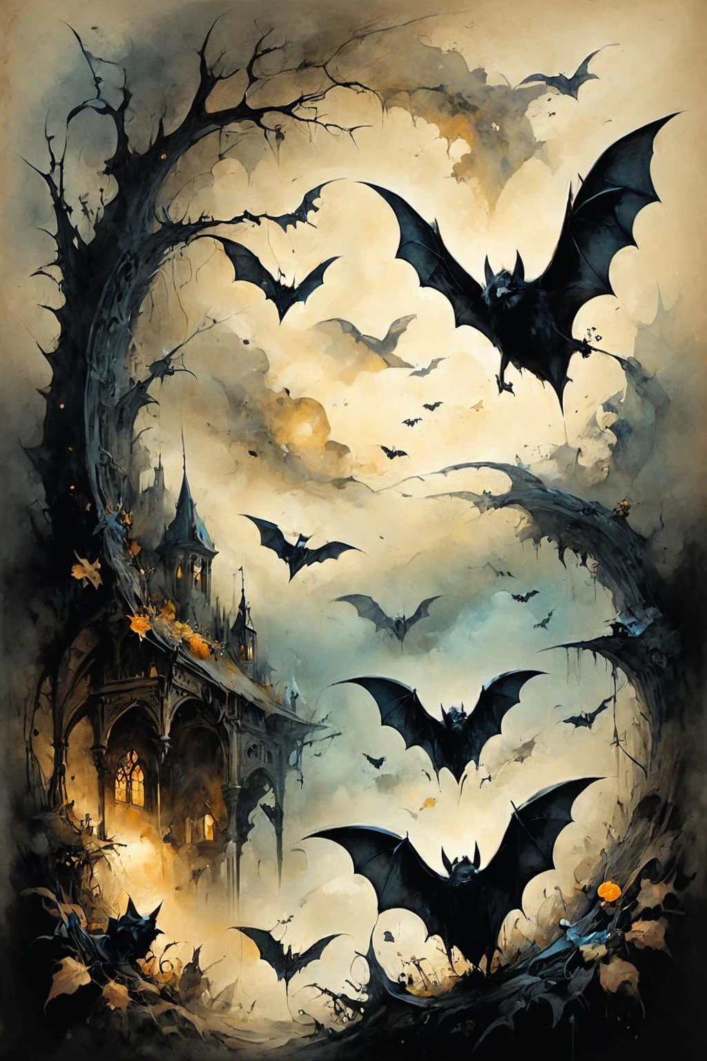 Detailed digital illustration a Swarm of shadowy bats with extradimensional flight at a Psychic explorers delving into dreamscapes, <lora:Ethereal_Grace:0.7>, <lora:ParchartXL-1.5:0.7> on parchment, ink illustration