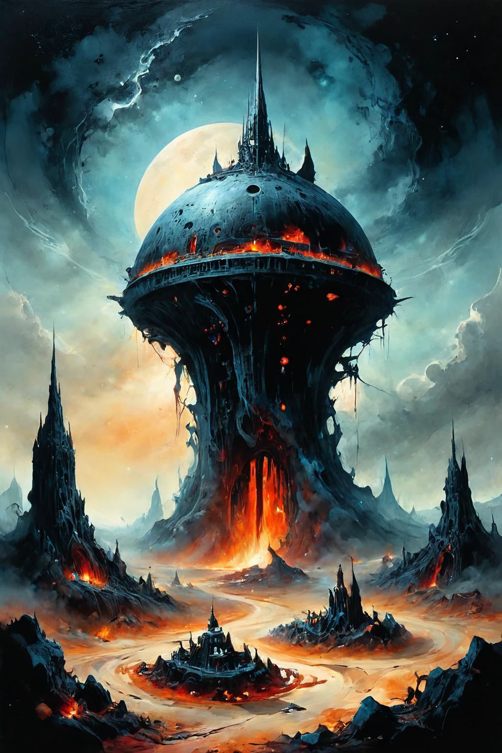 Detailed digital illustration a Void-dwelling cosmic leviathan of darkness at a Ancient starship graveyard with salvageable tech, <lora:Ethereal_Grace:0.7>, <lora:ParchartXL-1.5:0.7> on parchment, ink illustration, <lora:ral-lava-sdxl:0.5> ral-lava