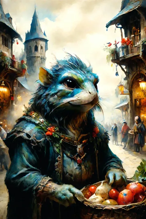 Detailed digital portrait of a <lora:ral-mythcr:0.7> kappa at a Bustling medieval market square, <lora:Ethereal_Grace:0.7>, <lora:ParchartXL-1.5:0.7> on parchment, <lora:xl_more_art-full_v1:0.5>, <lora:tranzp-sdxl:0.7> tranzp