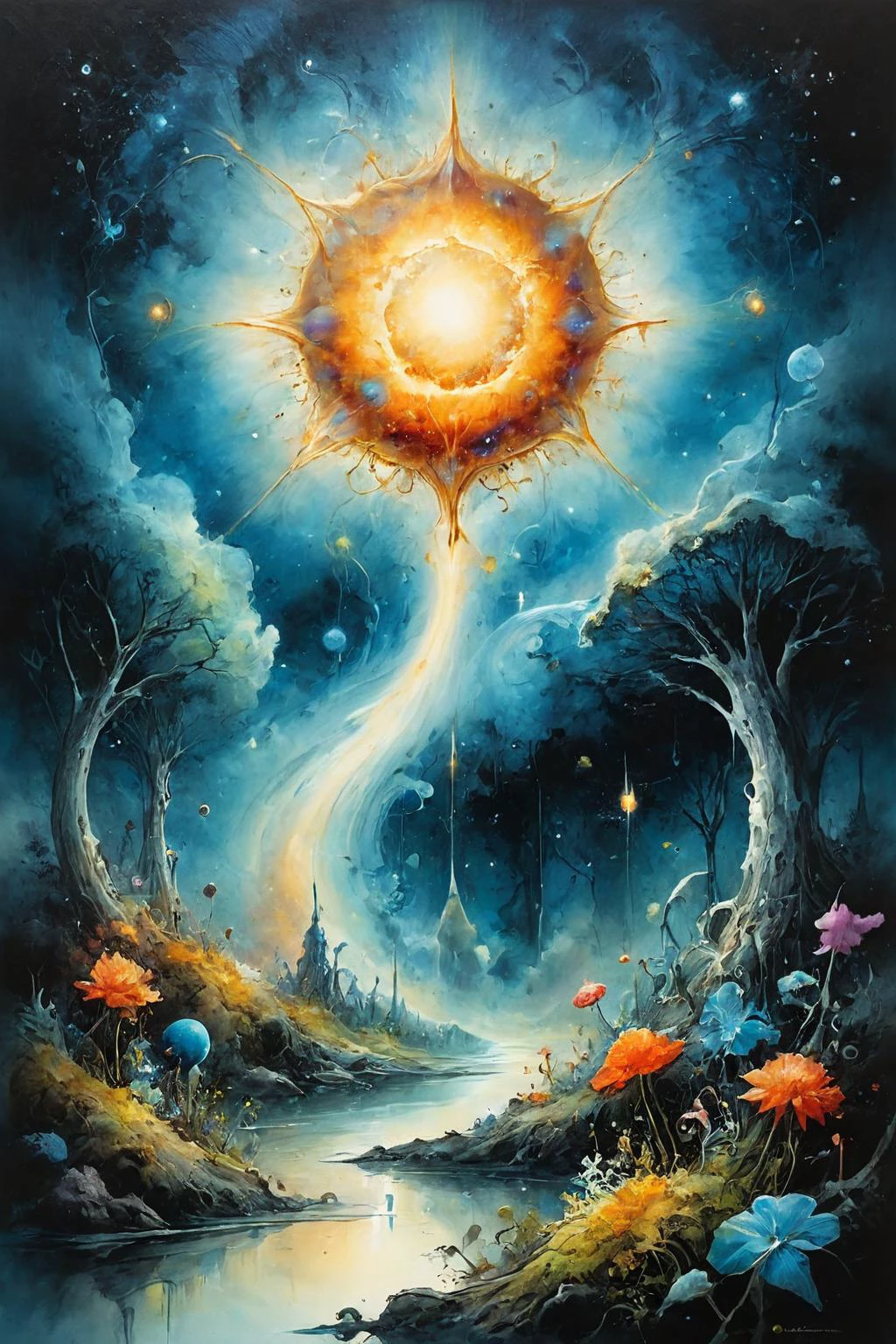 RAW photo of a Galactic amoebic entity absorbing cosmic energy at a Quantum garden where reality bends, <lora:Ethereal_Grace:0.7>, <lora:ParchartXL-1.5:0.7> on parchment, ink illustration