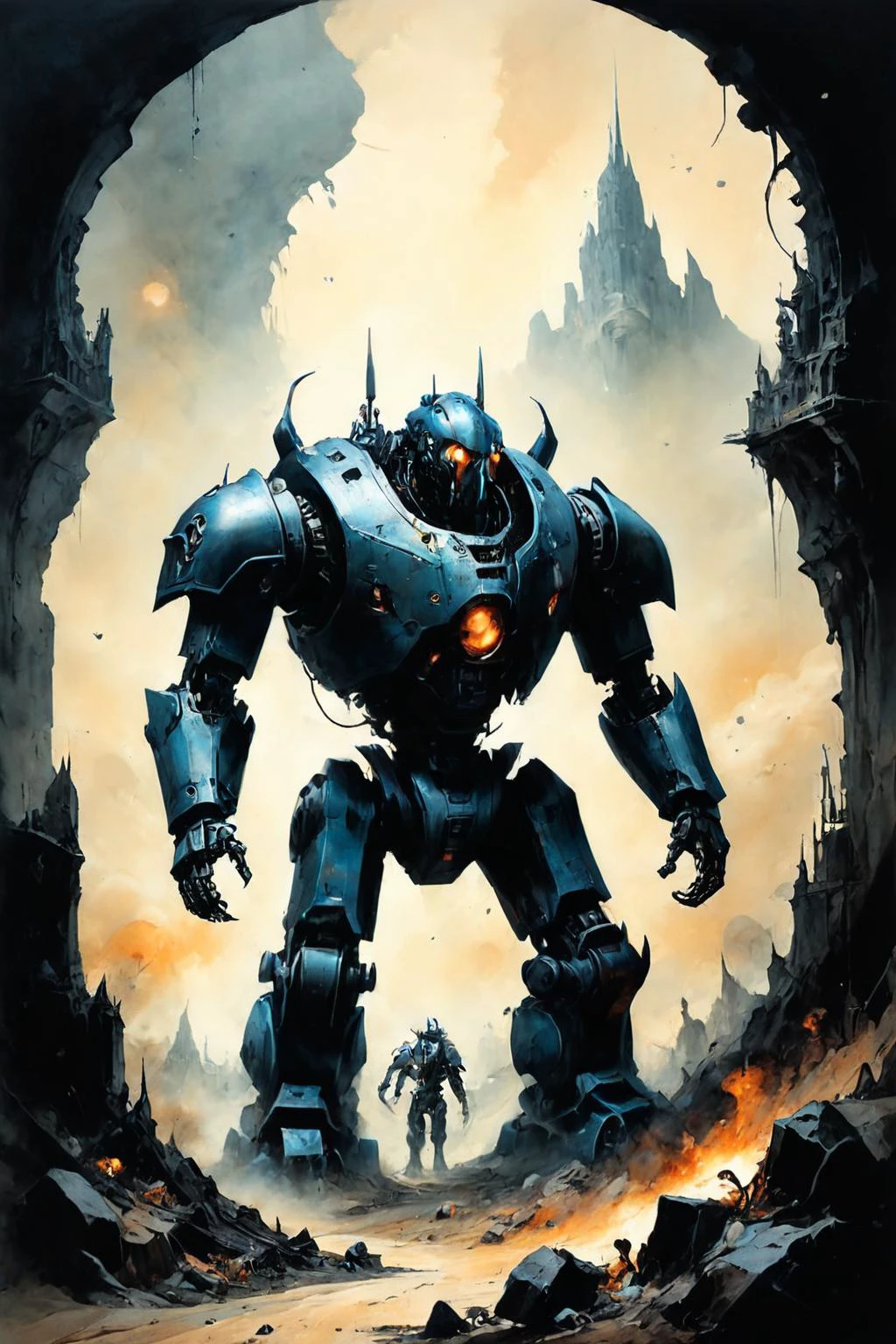 RAW photo of a Robotic behemoth stomping through ruins at a Hollow asteroid colony housing hidden society, <lora:Ethereal_Grace:0.7>, <lora:ParchartXL-1.5:0.7> on parchment, ink illustration