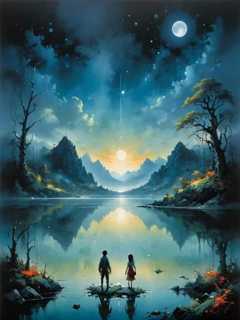 Breathtaking art in the style of Eiichiro Oda, (a mirror lake reflecting not the sky, but vast, unexplored galaxies:1.1), under the eerie glow of a zombie star. <lora:Ethereal_Grace:0.8>