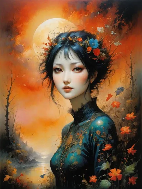 Breathtaking art in the style of Junji Ito, (a realm where the seasons are realms themselves, each with unique flora and fauna:1.1), during a vibrant sunrise with fiery colors.  <lora:Ethereal_Grace:0.8>
