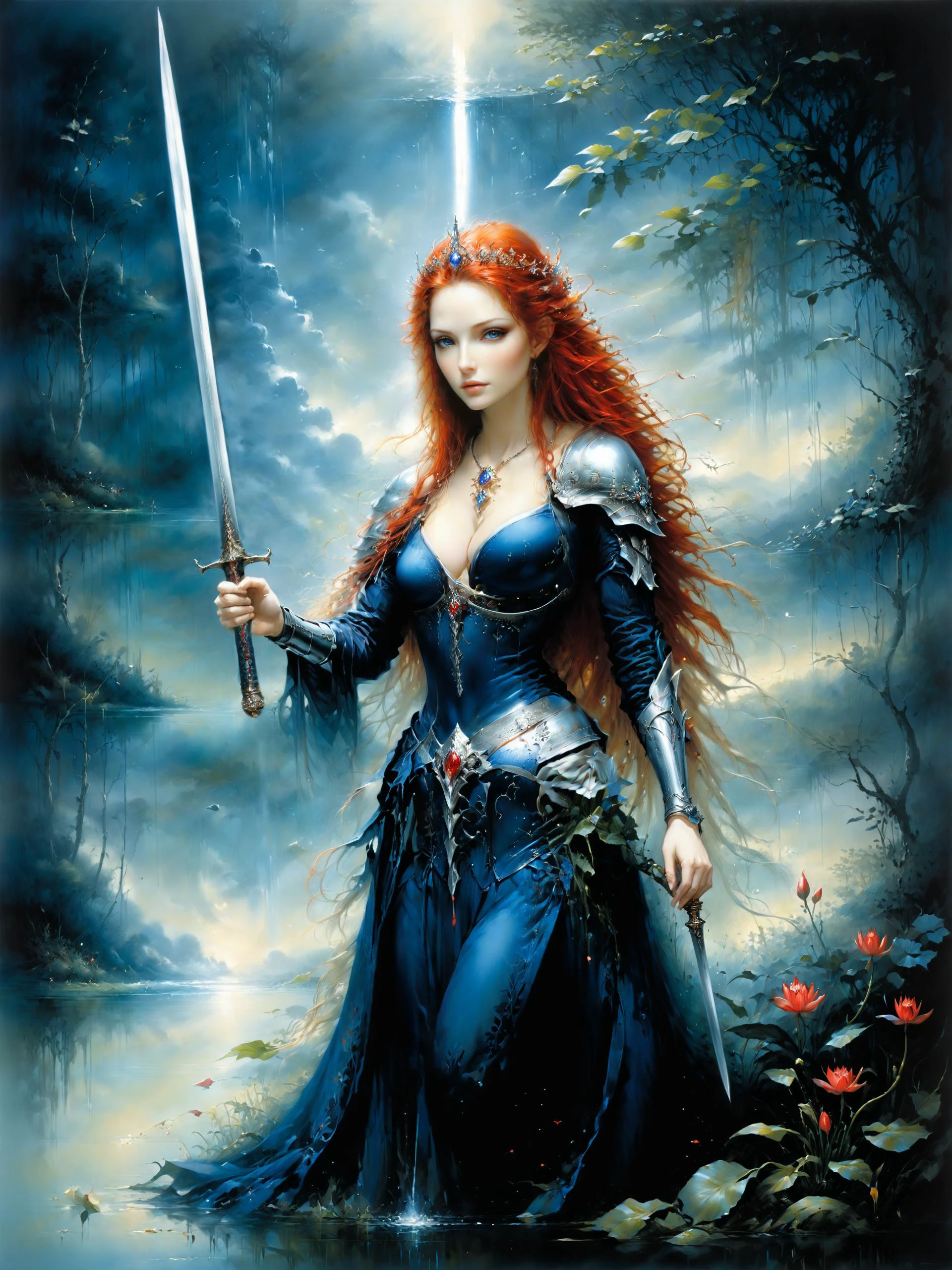 <lora:add-detail-xl:2.4> <lora:xl_more_art-full-xl:0.6> <lora:style-ethereal_grace-xl-by_andreac75:0.8> <lora:envyzoomsliderxl01-xl:-0.3> <loractl:envybetterhiresfixxl01-xl:0.2:hr=1.0> perfect hands, lady of the lake, arthurian legend, famous artwork by (amandine van ray:1.2) and luis royo, a beautiful young woman emerges from a lake, holding the (gleaming:1.4) long sword excalibur, elegant, extremely long silky red hair, wearing an ornate deep blue gown, (terragen:1.2), circlet, (low neckline:1.2), (water lillies:1.1), willow, dreamscape, ethereal, hazy, ultra detailed
