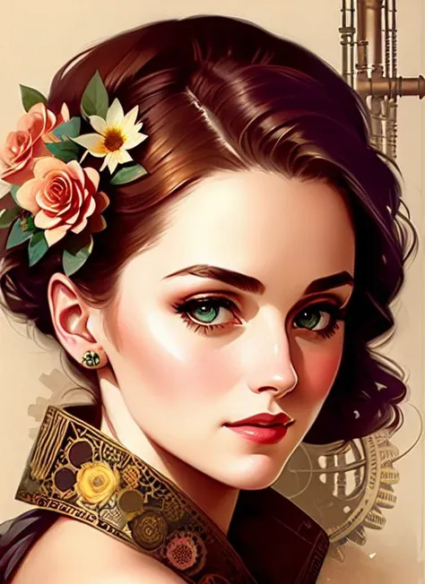 ROBERT MAGUIRE Charlie Bowater realistic Lithography sketch portrait of a woman, flowers, [gears], pipes, dieselpunk, multi-colored ribbons, old paper texture, highly detailed