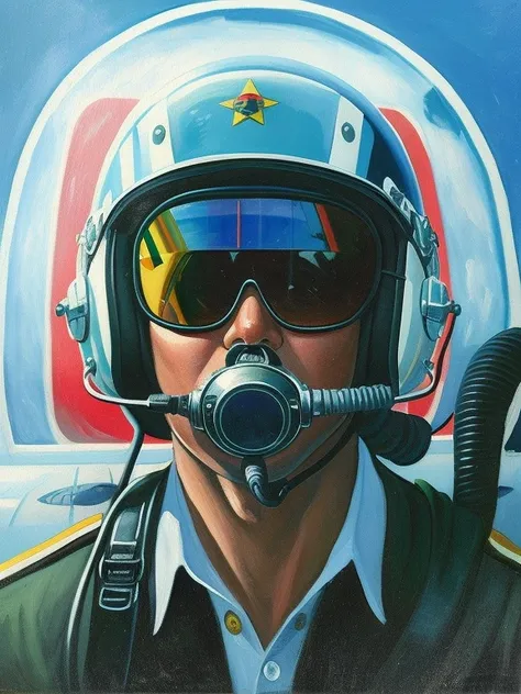 a painting of a pilot in a cockpit with a helmet and goggles on his face and a hose in his mouth, by Leiji Matsumoto