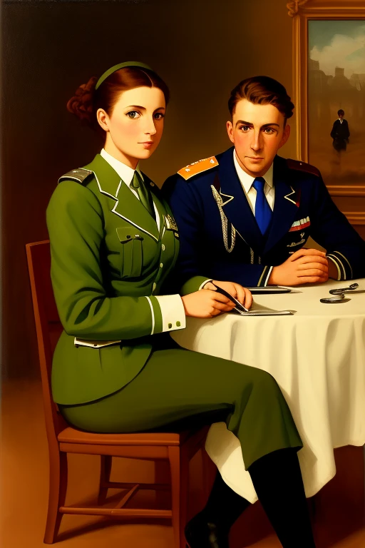 a woman in a green uniform, with a medal, sitting at a table with a man in a suit and tie behind her, by Hendrik van Steenwijk I