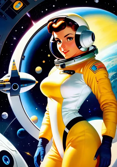 half body portrait of a beautiful female astronaut wearing retro spacesuit looking determinedly into the camera, in her spaceship's cocpit fit body, octane render, highly detailed pinup comic art, Masterpiece, best quality, (realistic), soft lighting cinematic shot, concept art illustration by earle bergey , Virgil Finlay, Peter Elson, Syd Mead