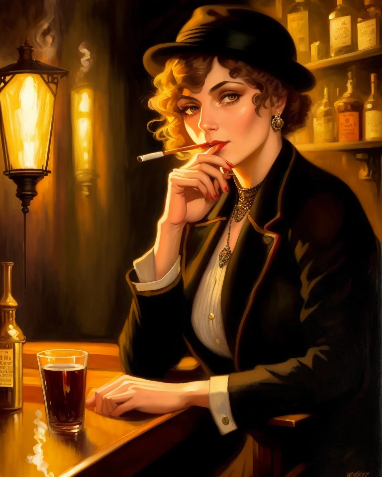 professional oil painting of a 1920s female private detective sitting a bar and smoking a cigarette in a dimly lit speakeasy, beautiful detailed face, beautiful detailed hands, 8k, (highly detailed), (photorealistic), vivid colors, by robert maguire and alphonse mucha