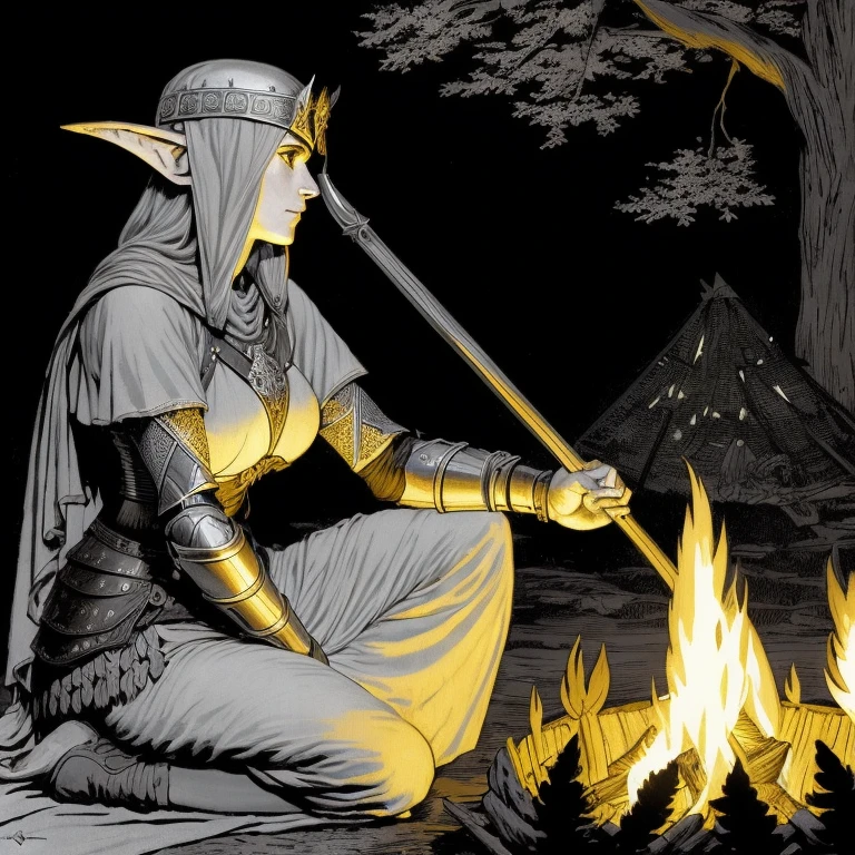 professional woodcut of an female elf knight sitting cross-legged in front of a roaring campfire at night, beautiful detailed face, beautiful detailed hands, (highly detailed), (photorealistic), by robert maguire and alphonse mucha and frank franzetta