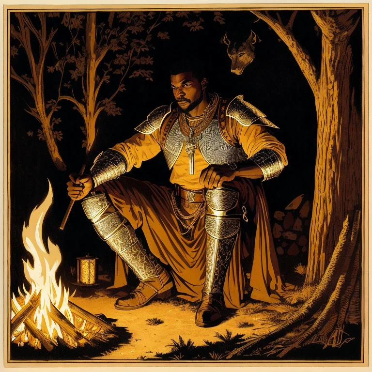 professional woodcut of an african medieval knight sitting cross-legged in front of a roaring campfire at night, beautiful detailed face, beautiful detailed hands, (highly detailed), (photorealistic), by robert maguire and alphonse mucha and frank franzetta