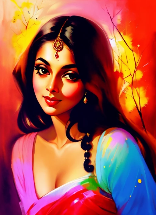GLEN ORBIK, EARLE BERGEY, ROBERT MAGUIRE, GIL ELVGREN a beautiful Indian woman, bapu bomma, by agnes cecile, luminous design, pastel colours, ink drips, autumn lights