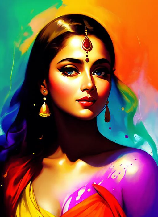 GLEN ORBIK, EARLE BERGEY, ROBERT MAGUIRE, GIL ELVGREN a beautiful Indian woman, bapu bomma, by agnes cecile, luminous design, pastel colours, ink drips, autumn lights