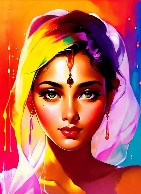 GLEN ORBIK, EARLE BERGEY, ROBERT MAGUIRE, GIL ELVGREN a beautiful Indian woman, bapu bomma, by agnes cecile, luminous design, pastel colours, ink drips, autumn lights