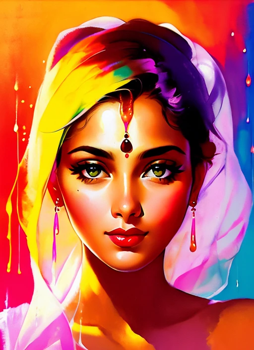GLEN ORBIK, EARLE BERGEY, ROBERT MAGUIRE, GIL ELVGREN a beautiful Indian woman, bapu bomma, by agnes cecile, luminous design, pastel colours, ink drips, autumn lights