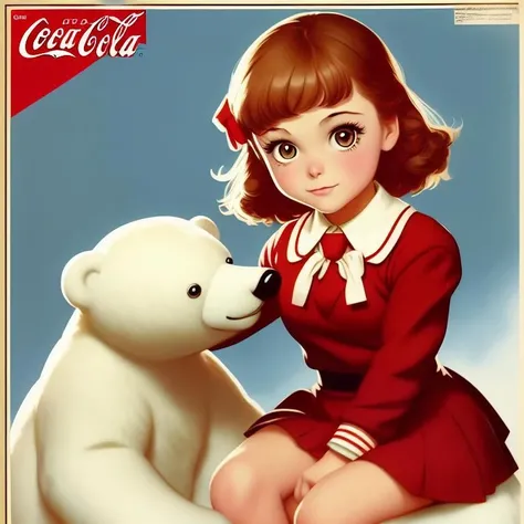 Cartoon Pretty Cute Girl, sitting, Detailed Chibi Eyes, holding polar bear plushie, coca cola, beautiful detailed school uniform, gorgeous detailed hair, Magazine ad, iconic, 1943, from the movie, sharp focus. visible brushstrokes by Kyoani and artgerm and Clay Mann and leyendecker and Dave Rapoza