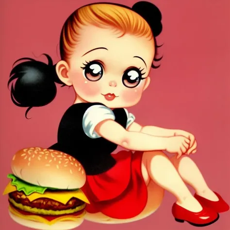 book illustration of Cartoon Pretty CUTE LITTLE BABY, sitting on a giant hamburger, DETAILED CHIBI EYES, holding, gorgeous detailed hair, black Ponytail, wearing red skirt, Magazine ad, iconic, 1940, sharp focus.