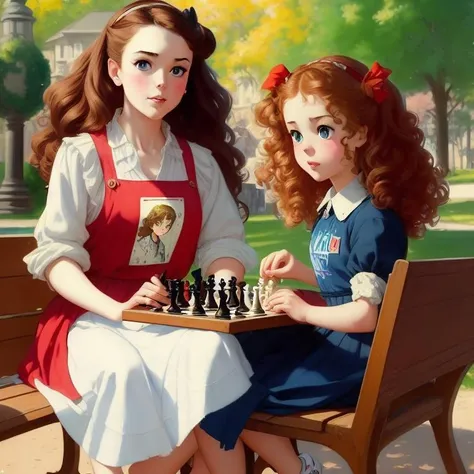 a beautiful still, 2 girls, 8 k masterpiece oil. ( ( of ( mother playing chess poker, sitting with chibi daughter in park bench, wearing streetwear, curly long hair brunette, sneakers ) ( zoom out ) ) ( trending on artstation ). splash art by kyoani. beautiful painting by norman rockwell. amused