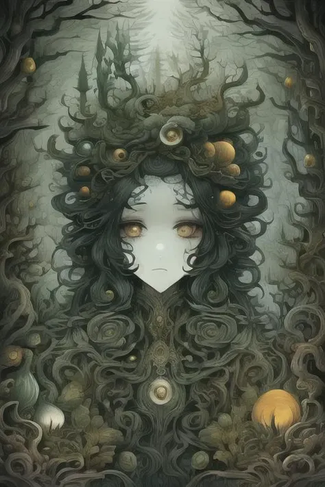 woman in a mythical forest, masterpiece, perfect face, intricate details, horror theme <lora:h4l0w3n5l0w5tyl3DonMD4rk_v1.1:1> h4l0w3n5l0w5tyl3donmd4rk, haunting, whimsical, biomorphic