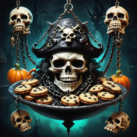 ((realistic,digital art)), (hyper detailed),h4l0w3n5l0w5tyl3DonMD4rk Demonic Witchy Pirate Sinister Laboratory Halloween-themed Cookies Faux Chains Grinning Skull Haunted Chandeliers Goblins Horror Movie Marathons, <lora:h4l0w3n5l0w5tyl3DonMD4rk-XLv1:1>