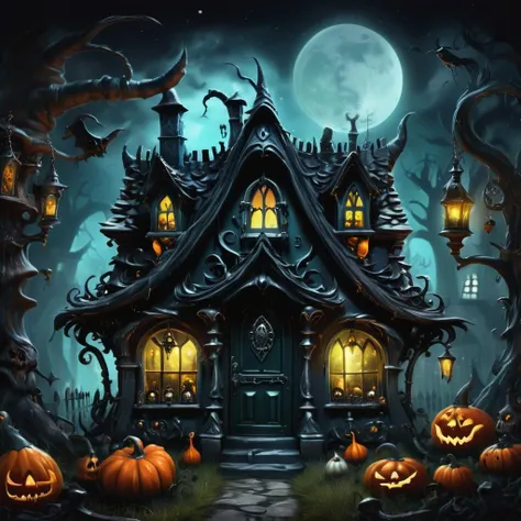((realistic,digital art)), (hyper detailed),h4l0w3n5l0w5tyl3DonMD4rk Witches' Lair, Mystical, Graveyards, Scarecrows, Haunted Sconces, Vintage Horror, <lora:h4l0w3n5l0w5tyl3DonMD4rk-XLv1.1:1>