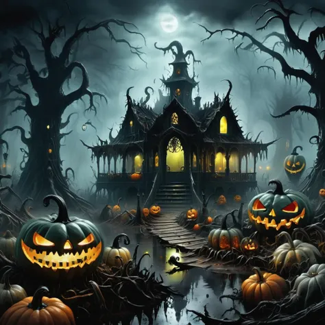 ((realistic,digital art)), (hyper detailed),h4l0w3n5l0w5tyl3DonMD4rk Fog-shrouded Swamp, Nightmarish, Fog Machines, Jack-o'-Lanterns, Eerie Sconces, Bone Art, <lora:h4l0w3n5l0w5tyl3DonMD4rk-XLv1:1>