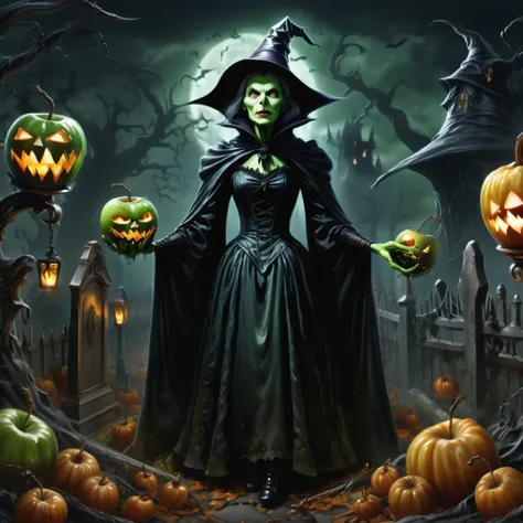 ((realistic,digital art)), (hyper detailed),h4l0w3n5l0w5tyl3DonMD4rk Wicked Witch, Suspenseful, Caramel Apples, Haunted Sconces, Tombstones,, <lora:h4l0w3n5l0w5tyl3DonMD4rk-XLv1:1>