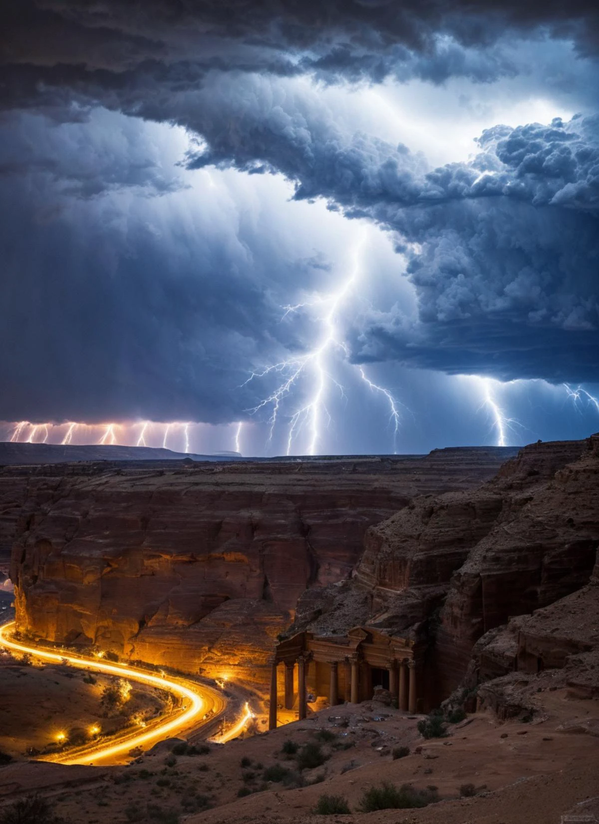 photo of big thunder storm over ((in Petra, at the Treasury Al-Khazneh)) lightning thunders, ((covered in electricity)), unleashing a powerful lightning attack, lightning bolts surging throughout <lora:locon_conceptlightning_v1_from_v1_64_32:1> lghtnngprsn, natural lighting, by Gerda Taro
<lora:add_detail:0.7>
cinematic, intricate details, 32K, UHD, HDR, ultra-realism, action background (heavy damage and debris), ultra-detailed, 32k, intricate, cinematic composition, IMAX, stunning image, trending, amazing art, cinematic color grade, dramatic lighting
(lightning), electrical surges, covered in electricity