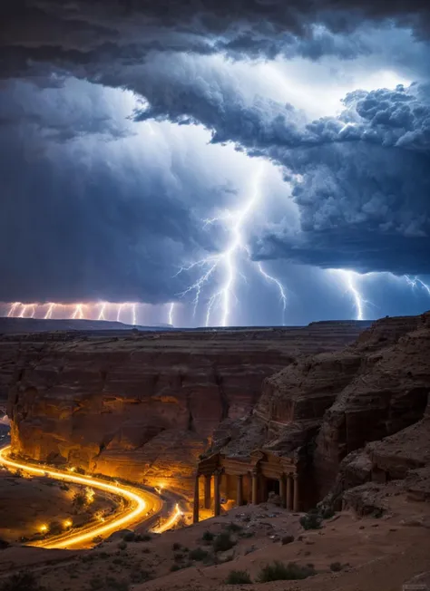 photo of big thunder storm over ((in Petra, at the Treasury Al-Khazneh)) lightning thunders, ((covered in electricity)), unleashing a powerful lightning attack, lightning bolts surging throughout  <lora:locon_conceptlightning_v1_from_v1_64_32:1> lghtnngprsn, natural lighting,  by Gerda Taro
<lora:add_detail:0.7>
cinematic, intricate details, 32K, UHD, HDR, ultra-realism, action background (heavy damage and debris), ultra-detailed, 32k, intricate, cinematic composition, IMAX, stunning image, trending, amazing art, cinematic color grade, dramatic lighting
(lightning), electrical surges, covered in electricity